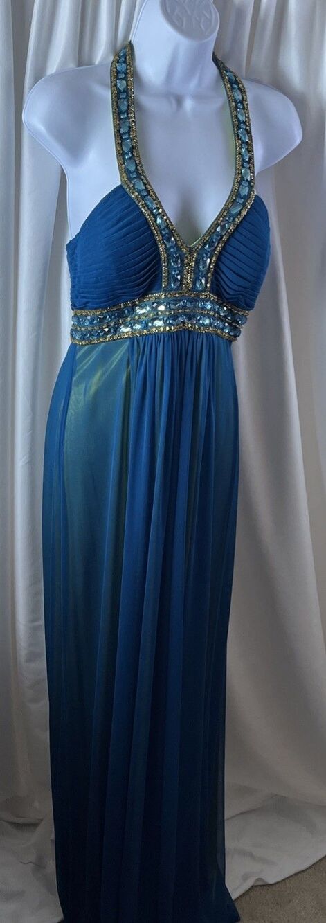 Vintage Cache Women’s Emerald Teal Halter Evening Gown Size 6 Jeweled Beaded